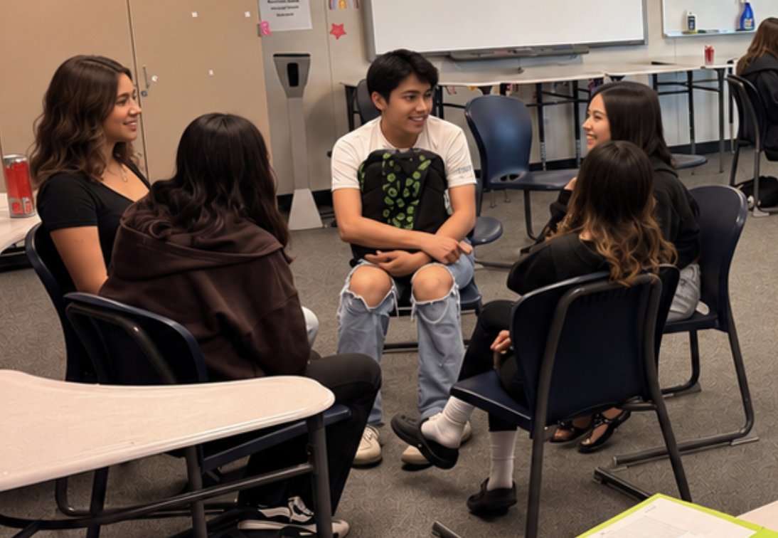 Joyco students talking together in a circle of chairs in a classroom